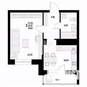 1-к квартира, вторичка, 39м2, 6/9 этаж
