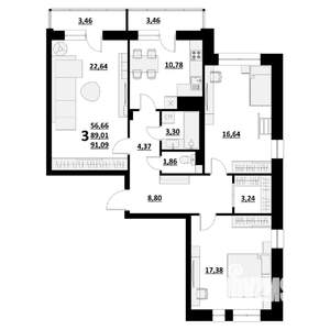 3-к квартира, строящийся дом, 91м2, 1/9 этаж