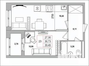 2-к квартира, вторичка, 39м2, 2/16 этаж