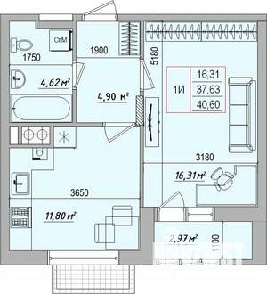 1-к квартира, вторичка, 41м2, 1/7 этаж