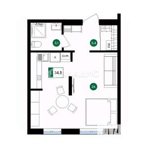 1-к квартира, вторичка, 35м2, 3/5 этаж