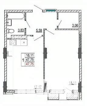 1-к квартира, вторичка, 48м2, 5/14 этаж
