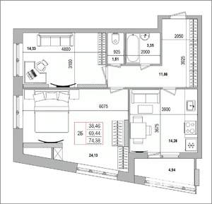 2-к квартира, вторичка, 74м2, 1/16 этаж