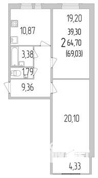 2-к квартира, строящийся дом, 69м2, 1/9 этаж