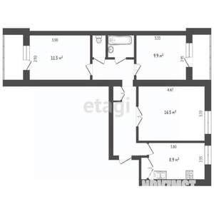 3-к квартира, вторичка, 63м2, 9/9 этаж