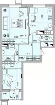 2-к квартира, строящийся дом, 63м2, 4/9 этаж