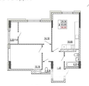 2-к квартира, вторичка, 67м2, 7/14 этаж