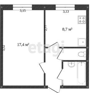 1-к квартира, вторичка, 33м2, 3/3 этаж