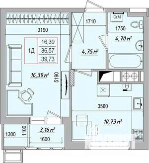 1-к квартира, вторичка, 40м2, 7/7 этаж
