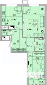 2-к квартира, строящийся дом, 64м2, 7/9 этаж