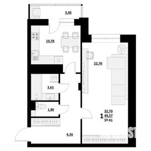 1-к квартира, строящийся дом, 51м2, 1/9 этаж