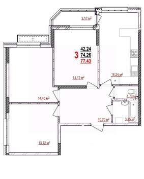 3-к квартира, строящийся дом, 77м2, 12/17 этаж