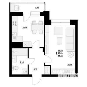1-к квартира, строящийся дом, 38м2, 1/9 этаж