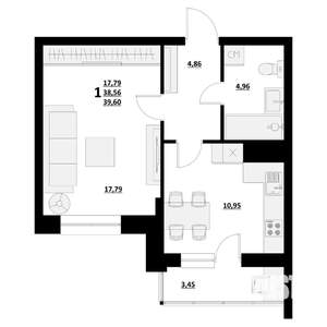 1-к квартира, строящийся дом, 40м2, 1/9 этаж