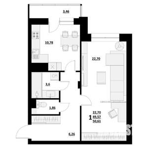 1-к квартира, строящийся дом, 51м2, 1/9 этаж