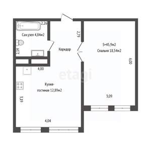 1-к квартира, вторичка, 46м2, 2/15 этаж