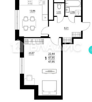 1-к квартира, вторичка, 48м2, 5/9 этаж