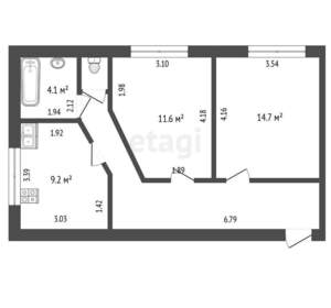 2-к квартира, вторичка, 53м2, 1/2 этаж