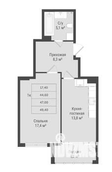 1-к квартира, строящийся дом, 49м2, 5/17 этаж