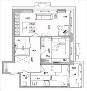 2-к квартира, вторичка, 57м2, 15/16 этаж