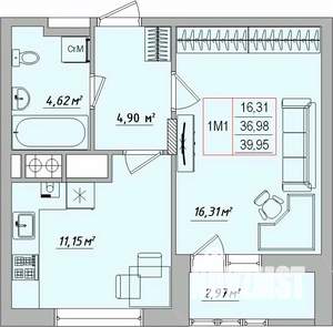 1-к квартира, вторичка, 40м2, 7/7 этаж