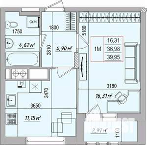 1-к квартира, вторичка, 40м2, 6/7 этаж