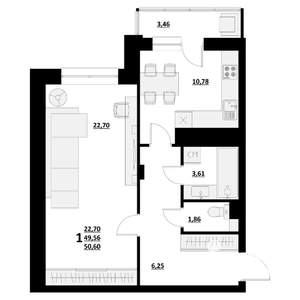 1-к квартира, строящийся дом, 51м2, 1/9 этаж