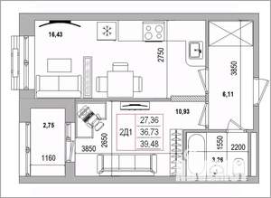 2-к квартира, вторичка, 39м2, 3/16 этаж