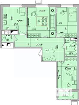 3-к квартира, строящийся дом, 81м2, 4/9 этаж