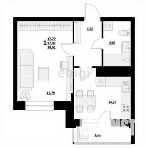 1-к квартира, вторичка, 39м2, 3/9 этаж