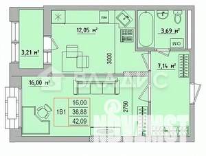 1-к квартира, вторичка, 42м2, 11/18 этаж