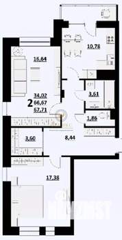 2-к квартира, вторичка, 68м2, 1/7 этаж