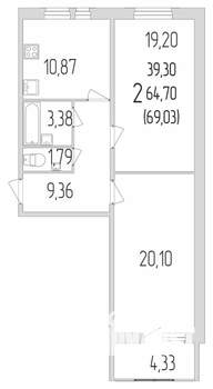 2-к квартира, строящийся дом, 69м2, 1/9 этаж