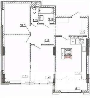 3-к квартира, вторичка, 78м2, 2/14 этаж