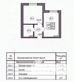 1-к квартира, вторичка, 36м2, 1/4 этаж