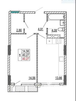 1-к квартира, вторичка, 40м2, 2/14 этаж