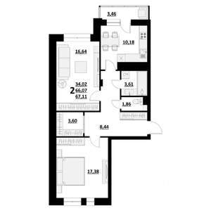 2-к квартира, строящийся дом, 67м2, 2/9 этаж