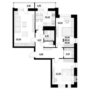 3-к квартира, строящийся дом, 90м2, 2/9 этаж