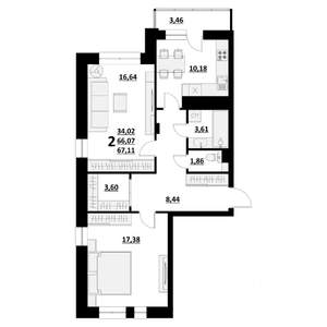 2-к квартира, строящийся дом, 67м2, 6/9 этаж