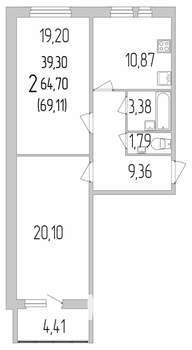 2-к квартира, строящийся дом, 69м2, 2/9 этаж