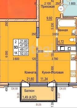 1-к квартира, вторичка, 52м2, 3/11 этаж