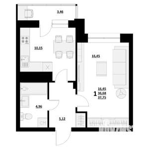 1-к квартира, строящийся дом, 38м2, 9/9 этаж
