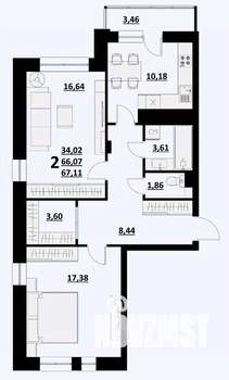 2-к квартира, строящийся дом, 67м2, 5/9 этаж