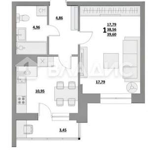 1-к квартира, вторичка, 39м2, 4/10 этаж