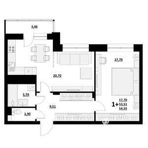 1-к квартира, строящийся дом, 55м2, 5/9 этаж