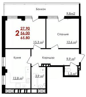 2-к квартира, строящийся дом, 66м2, 6/9 этаж