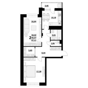 2-к квартира, строящийся дом, 67м2, 8/9 этаж