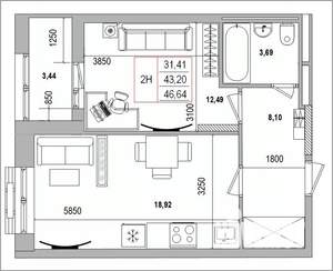 2-к квартира, вторичка, 47м2, 12/16 этаж