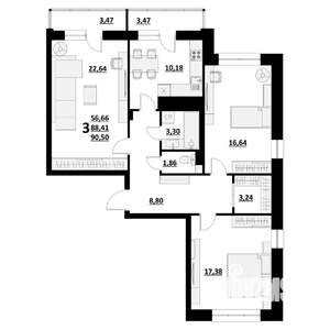 3-к квартира, строящийся дом, 90м2, 7/9 этаж