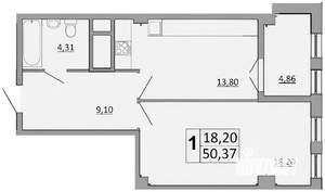 1-к квартира, вторичка, 52м2, 8/18 этаж